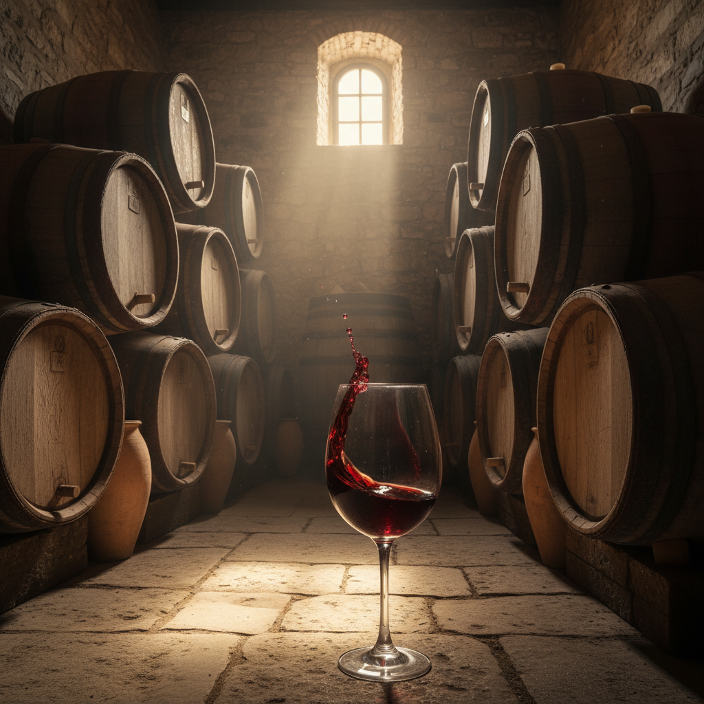 Adega tradicional grega com barris de carvalho e taça de vinho tinto, ambiente rústico e acolhedor.