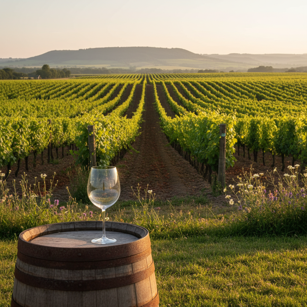 Vinhedo pitoresco em Kent ou Hampshire, com fileiras de videiras e um copo de vinho ou barril de carvalho no primeiro plano, sob um céu suave.