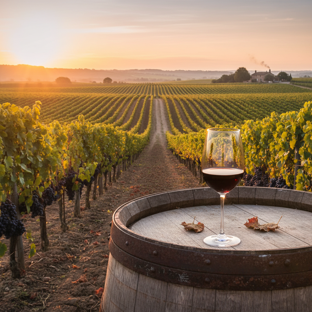 Taça de vinho Malbec em um vinhedo ao pôr do sol, com barril de carvalho e videiras ao fundo.