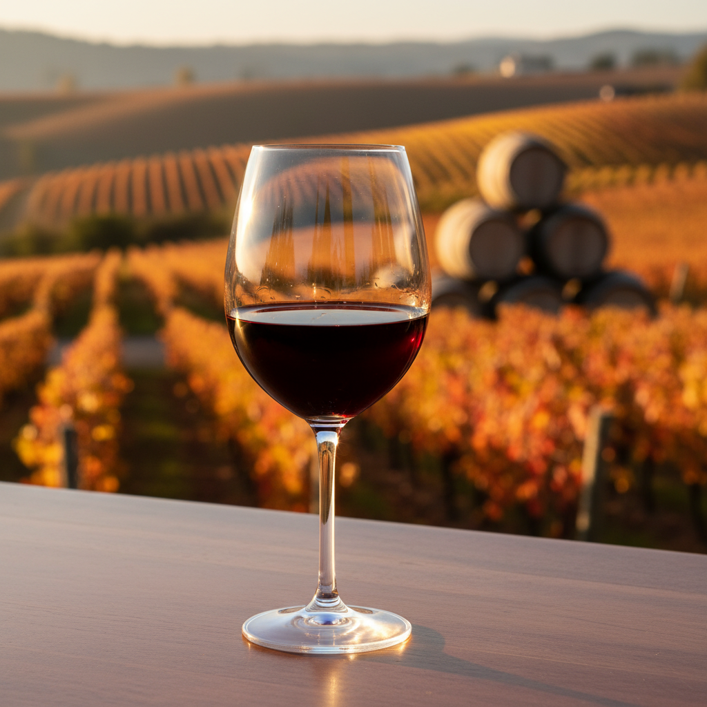 Taça de vinho tinto Nebbiolo em vinhedo italiano outonal com barris de carvalho ao fundo, sob luz dourada.