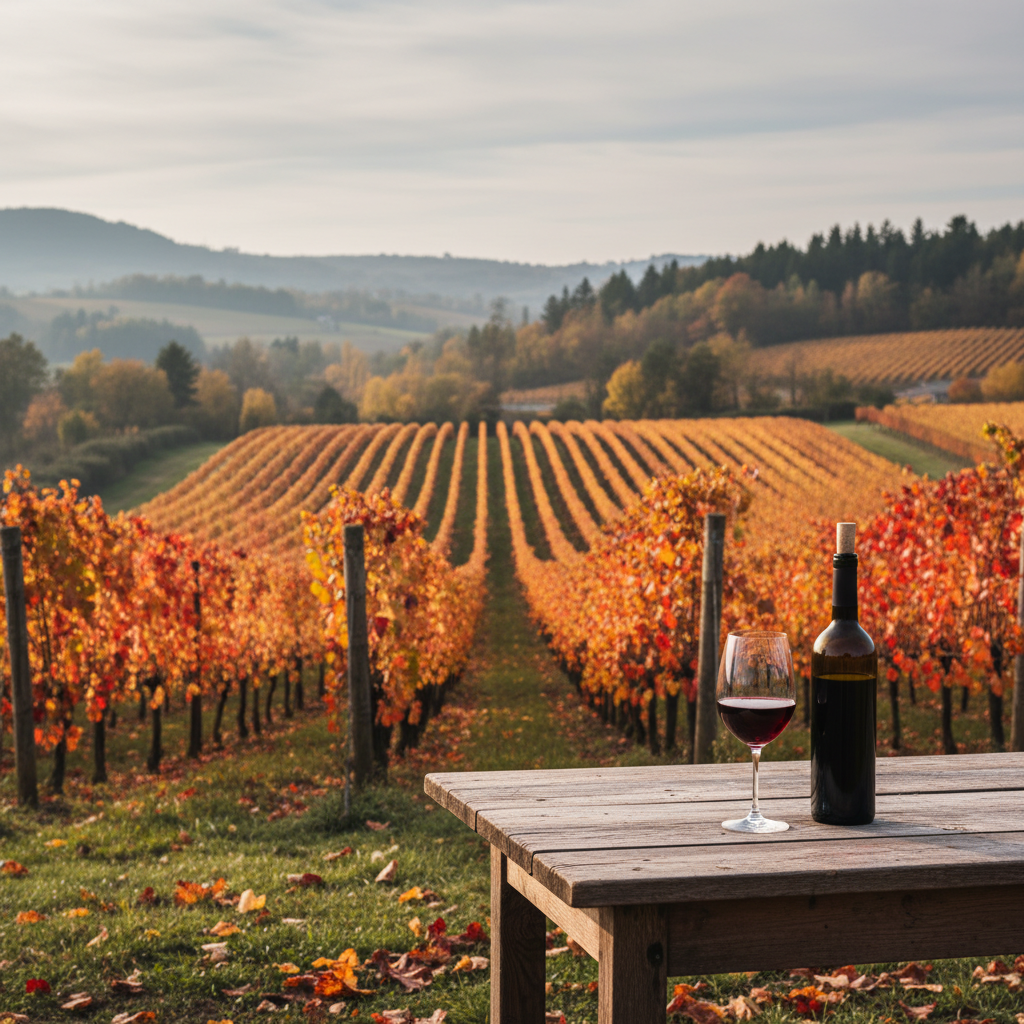 Vinhedo de Nebbiolo em tons outonais com uma taça de vinho tinto, refletindo a beleza da uva fora da Itália.