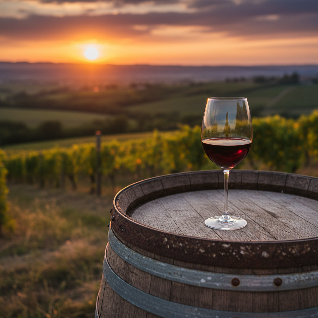 Taça de vinho tinto sobre barril de carvalho em vinhedo italiano ao pôr do sol, com colinas ao fundo.