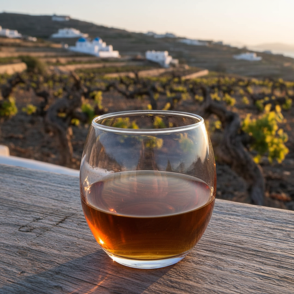 Taça de vinho Vinsanto de cor âmbar sobre mesa de madeira rústica, com um vinhedo de Santorini e casas brancas ao fundo, sob luz dourada.
