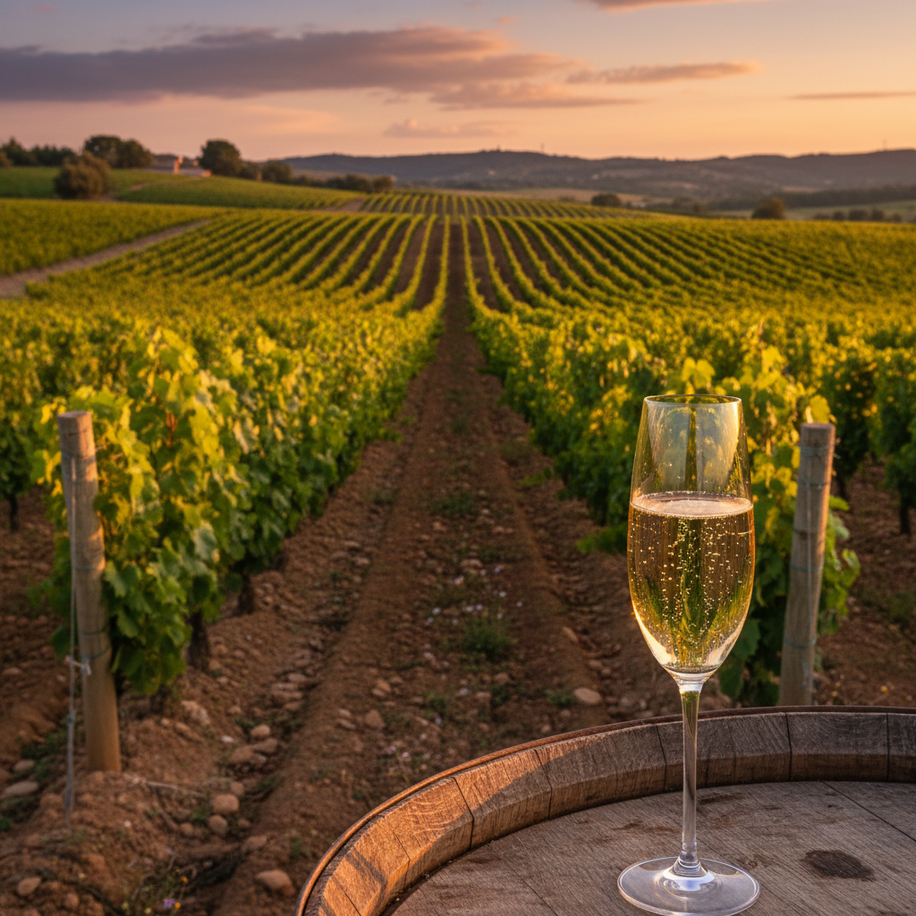 Vinhedo de Xarel-lo na região do Penedès, Catalunha, ao pôr do sol, com uma taça de Cava em primeiro plano.