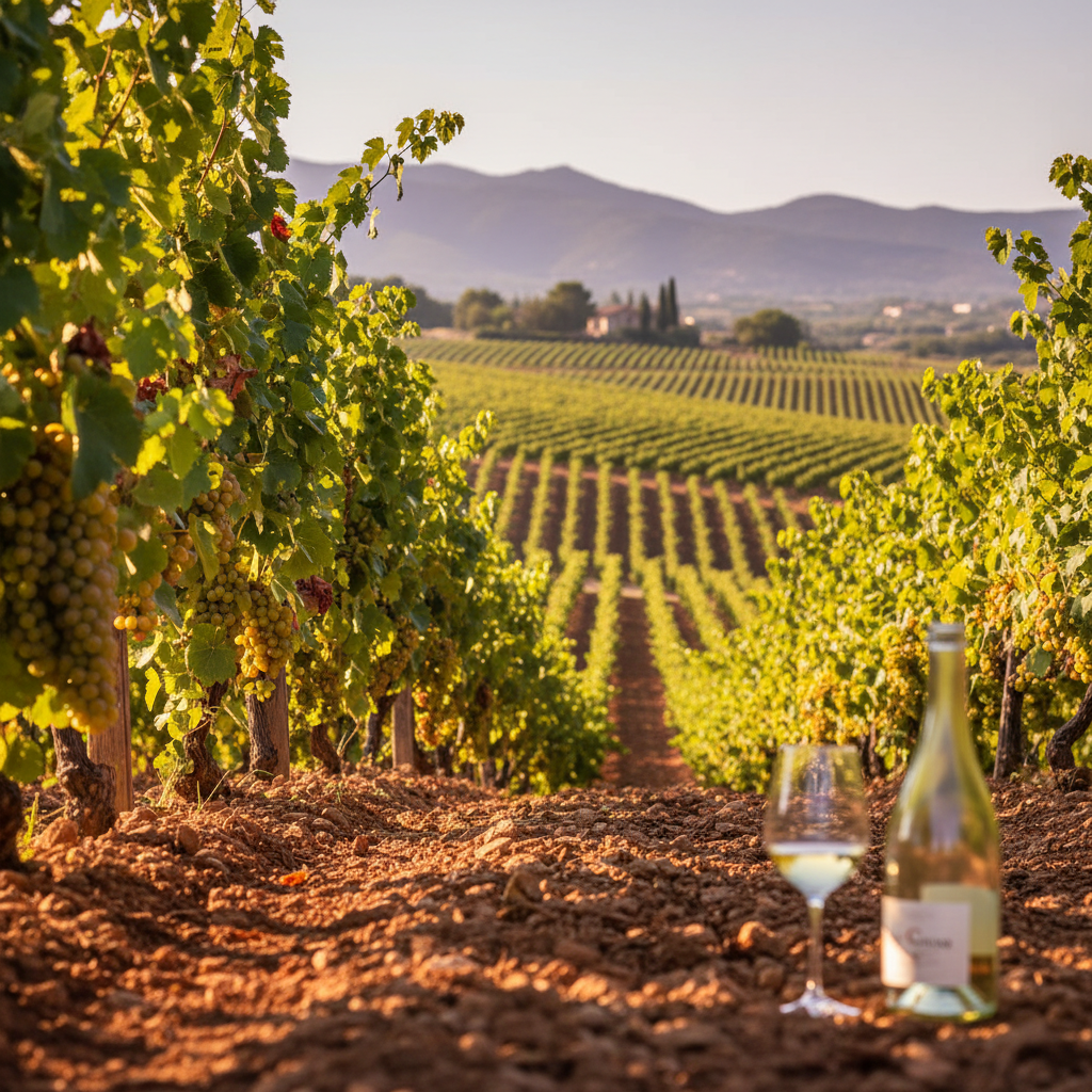 Vinhedo de Xarel-lo na região de Penedès, Catalunha, sob a luz do sol da tarde, mostrando as videiras saudáveis e um barril de vinho ou taça de Cava desfocada em primeiro plano.