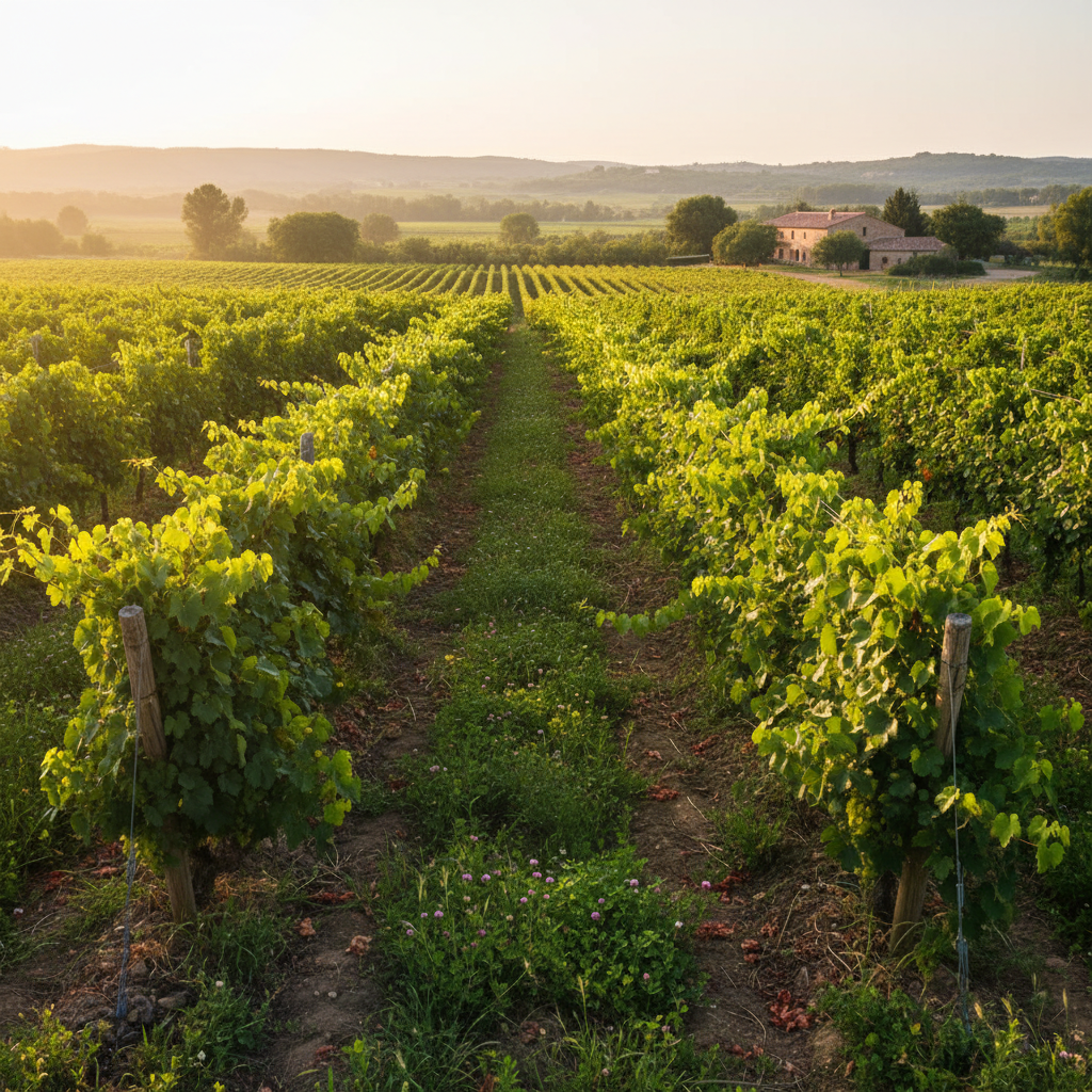 Vinhedo de Xarel-lo orgânico e biodinâmico ao pôr do sol, com vinhas exuberantes e solo saudável, representando a sustentabilidade na viticultura.