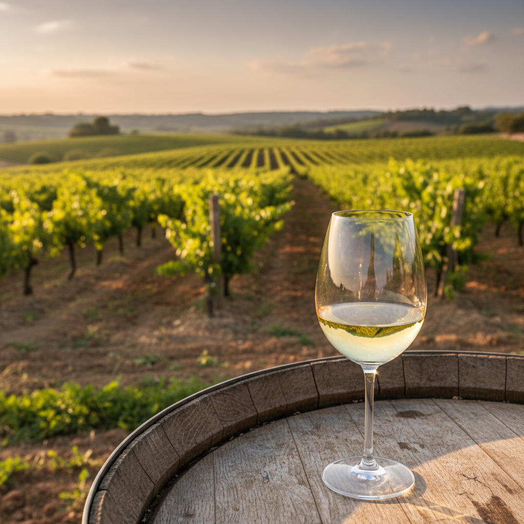 Vinhedo de Xarel-lo exuberante na região do Penedès, Catalunha, iluminado pelo sol da tarde, com uma taça de vinho sobre um barril de carvalho em primeiro plano, simbolizando a origem e a apreciação.