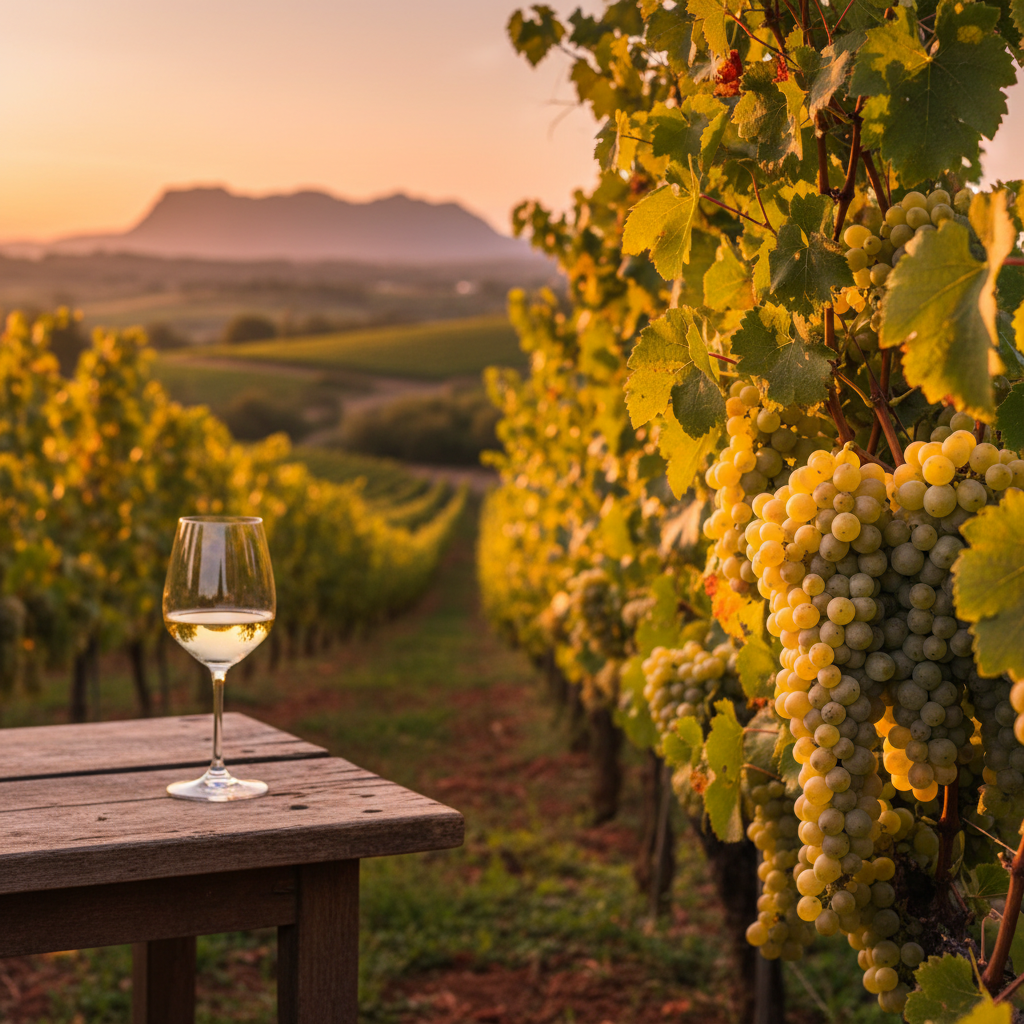 Vinhedo de Xarel-lo na Catalunha ao pôr do sol, com uvas maduras e um copo de vinho branco.