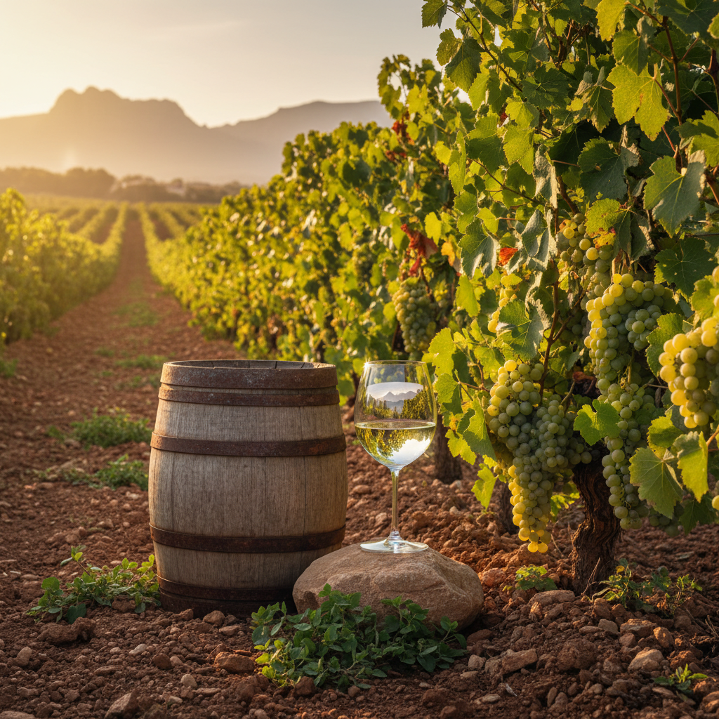 Vinhedo de Xarel-lo na região do Penedès, Catalunha, com barril de madeira e taça de vinho ao pôr do sol.