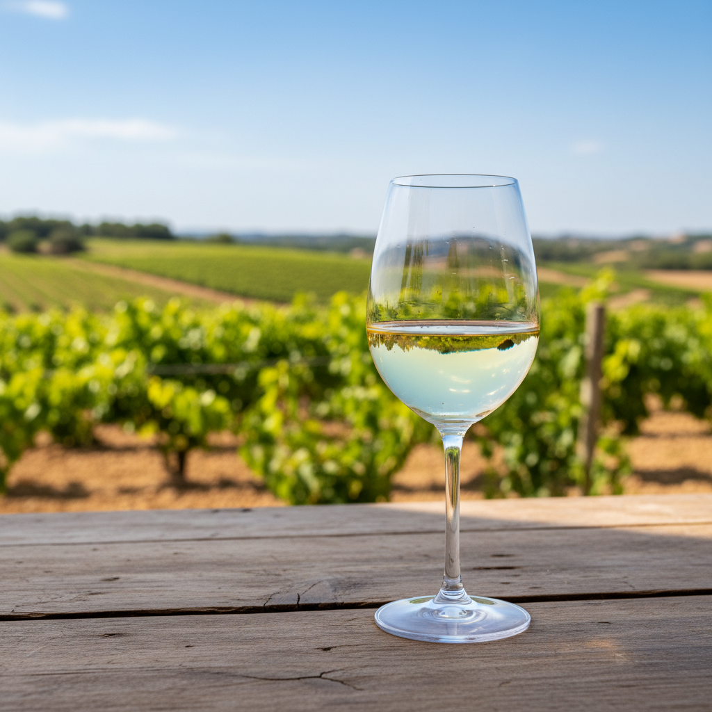 Taça de vinho branco Xarel-lo em uma mesa de madeira, com vinhedos do Penedès, Catalunha ao fundo.