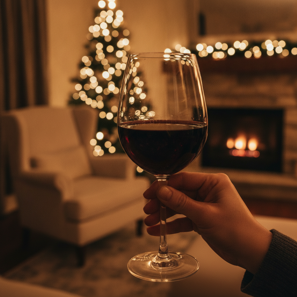 Taça de vinho tinto sendo segurada em um ambiente festivo e aconchegante de fim de ano com iluminação quente.