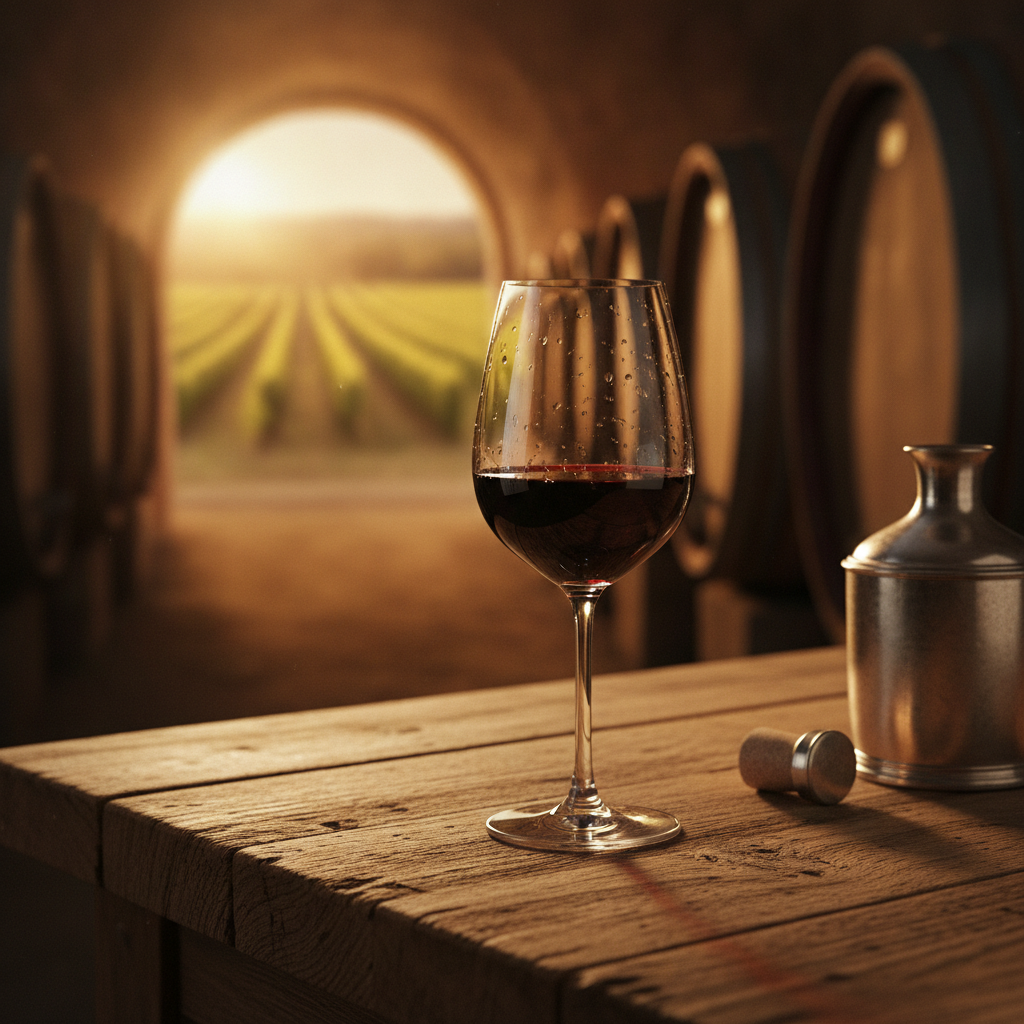 Taça de vinho tinto suave sobre mesa de madeira, com vinhedo ou adega ao fundo, sugerindo um presente elegante e saboroso.