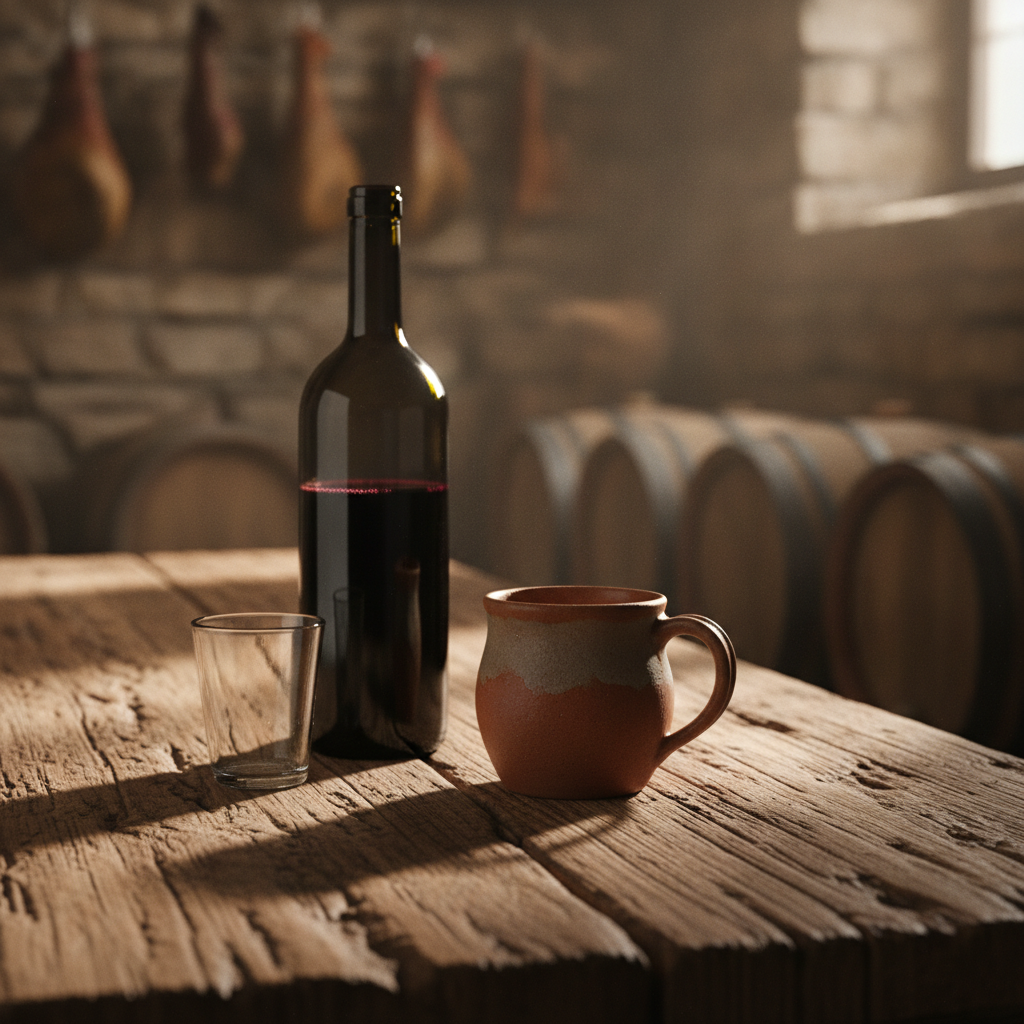 Garrafa de vinho tinto aberta, uma caneca de cerâmica rústica e um copo de água simples sobre uma mesa de madeira em uma adega aconchegante, sugerindo alternativas para brindar sem taças de vinho.