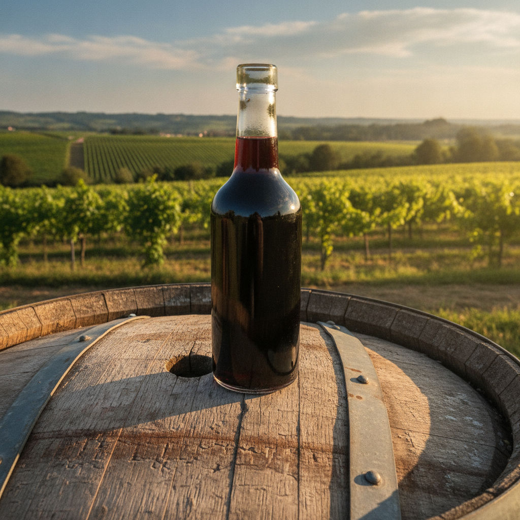 Garrafa de vinagre de vinho tinto repousando sobre um barril de carvalho, com um vinhedo ensolarado ao fundo, simbolizando a origem natural e os benefícios do produto.