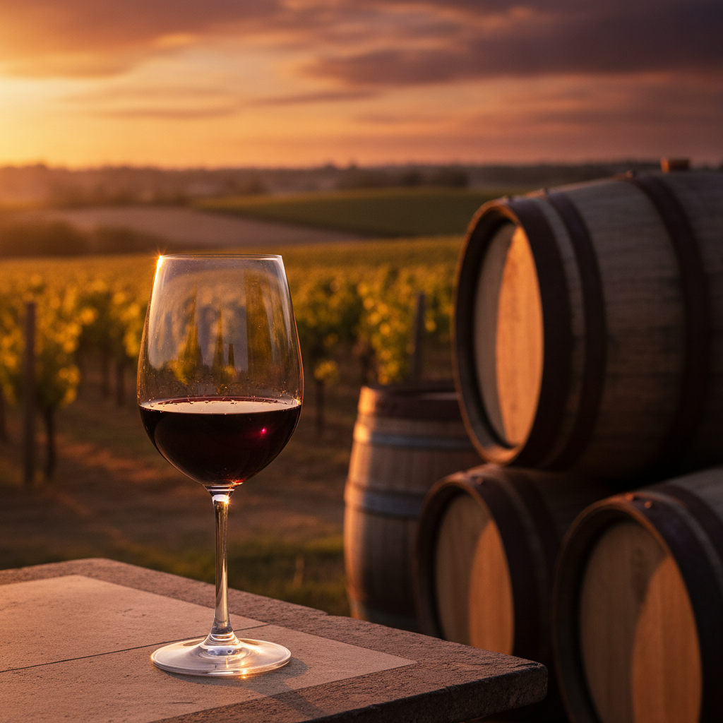 Taça de vinho Cabernet Sauvignon em um vinhedo exuberante ao pôr do sol, com barris de carvalho ao fundo.