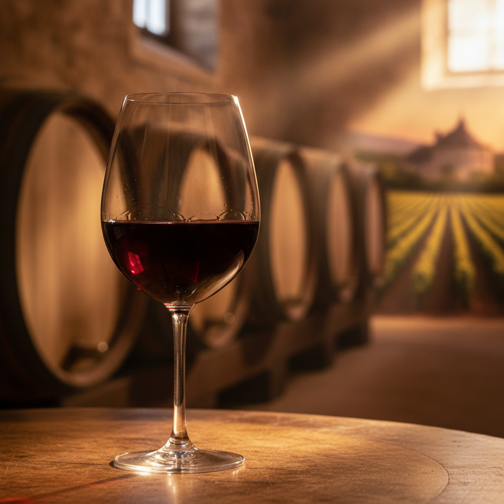 Taça de vinho tinto Cabernet Sauvignon de cor rubi intensa, em um ambiente aconchegante que sugere uma adega com barris de carvalho ou um vinhedo ao pôr do sol.