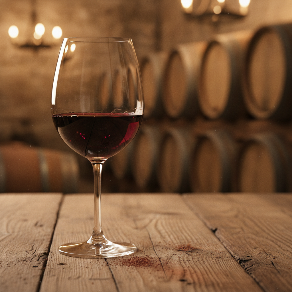 Taça de vinho tinto parcialmente cheia, destacando seu formato elegante, em uma adega com barris de carvalho ao fundo.