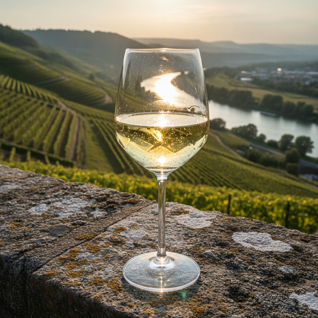 Taça de Grüner Veltliner espumante em um muro de pedra com vinhedos austríacos da região de Wachau ao fundo, sob a luz do sol da tarde.