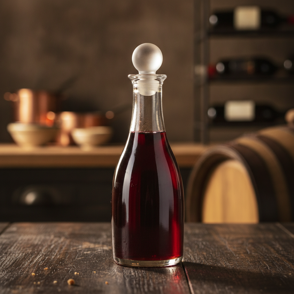 Garrafa elegante de vinagre de vinho tinto de alta qualidade sobre uma mesa de madeira rústica, com fundo desfocado de cozinha gourmet e adega.