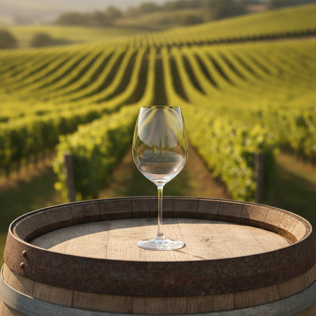 Taça de vinho branco elegante e vazia sobre um barril de madeira, com um vinhedo ensolarado ao fundo, simbolizando a escolha perfeita para a degustação.