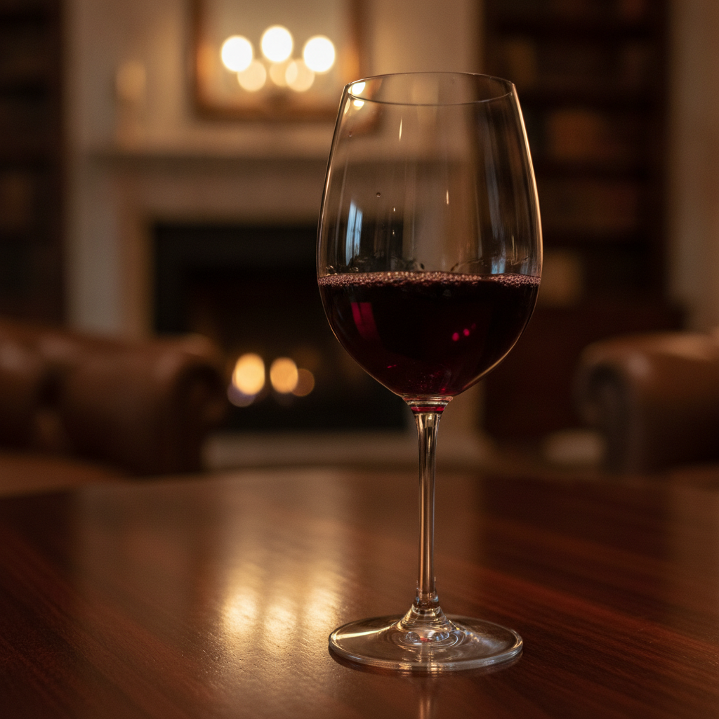Taça de vinho tinto suave em mesa de madeira, com fundo desfocado de ambiente aconchegante.