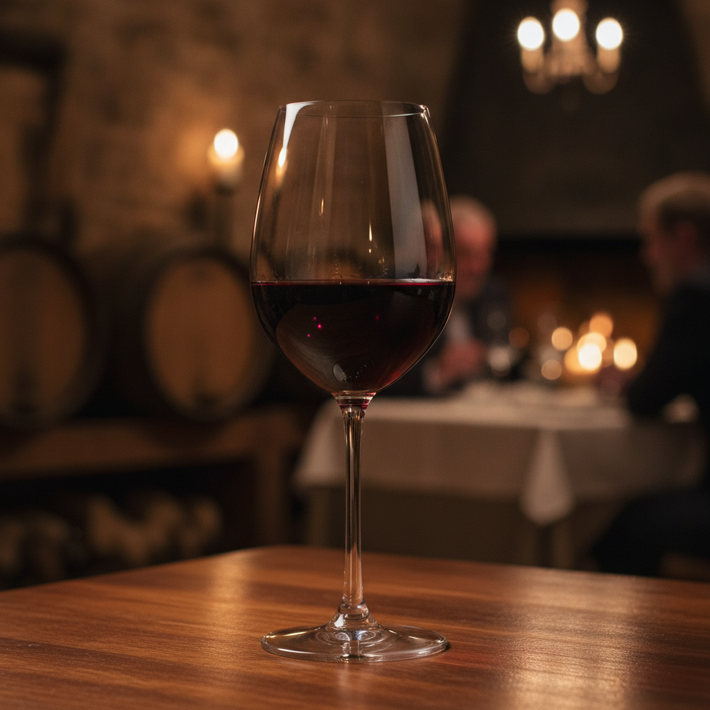 Taça de vinho tinto suave de mesa sobre uma superfície de madeira, com um fundo desfocado que sugere um ambiente acolhedor ou adega.