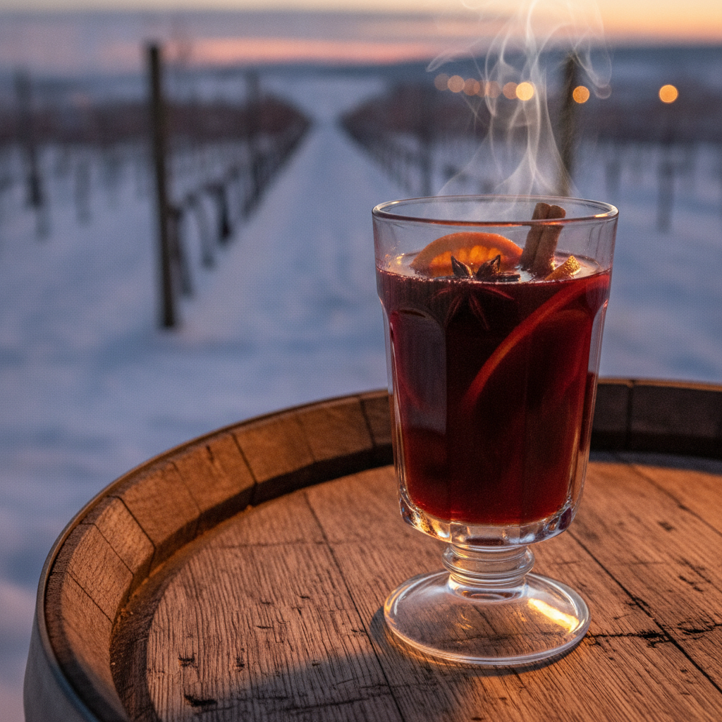 Taça de vinho quente fumegante em cima de um barril de madeira rústico, com um vinhedo nevado ao fundo.