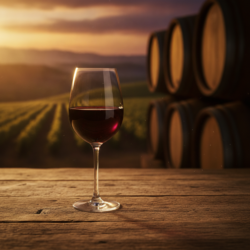 Taça de vinho tinto elegante sobre uma mesa de madeira rústica, com um vinhedo ao pôr do sol ou adega com barris de carvalho desfocados ao fundo.