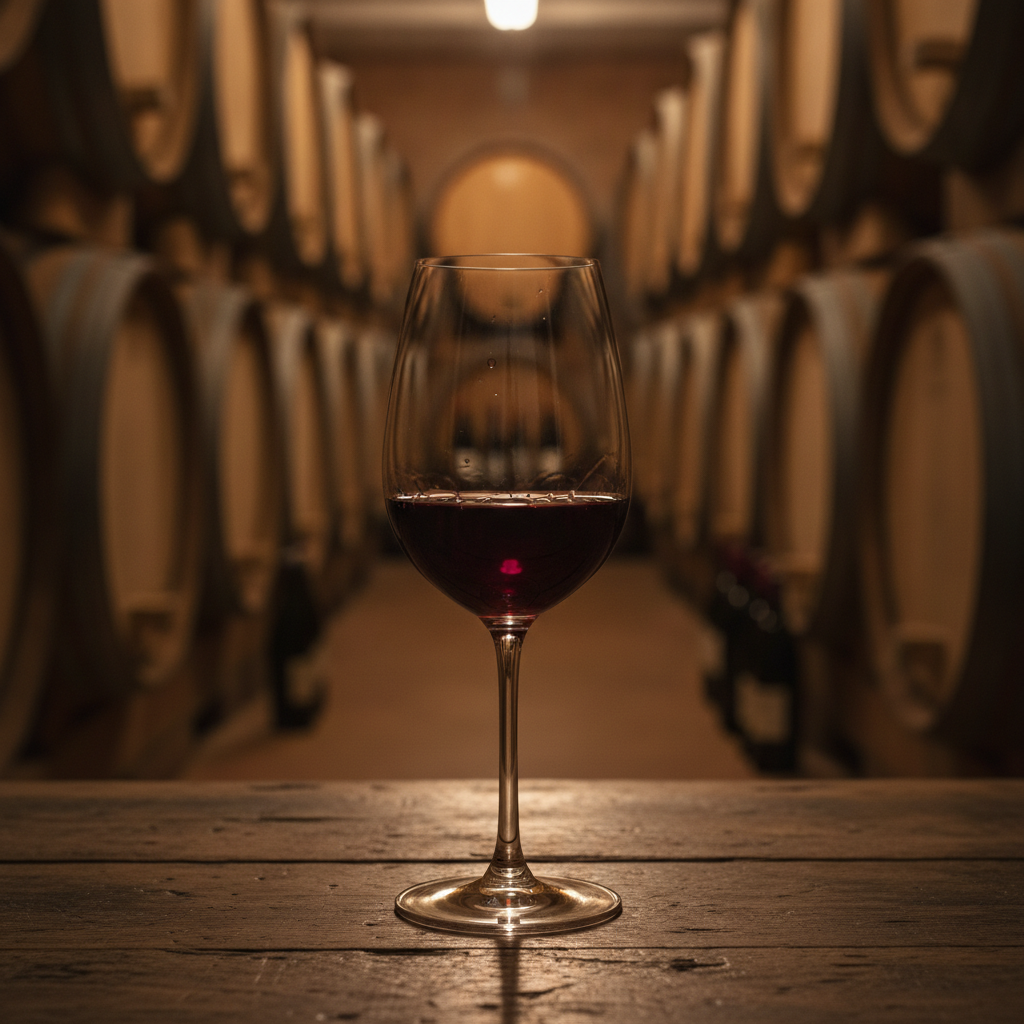 Taça de vinho tinto sobre mesa de madeira em adega rústica com barris ao fundo