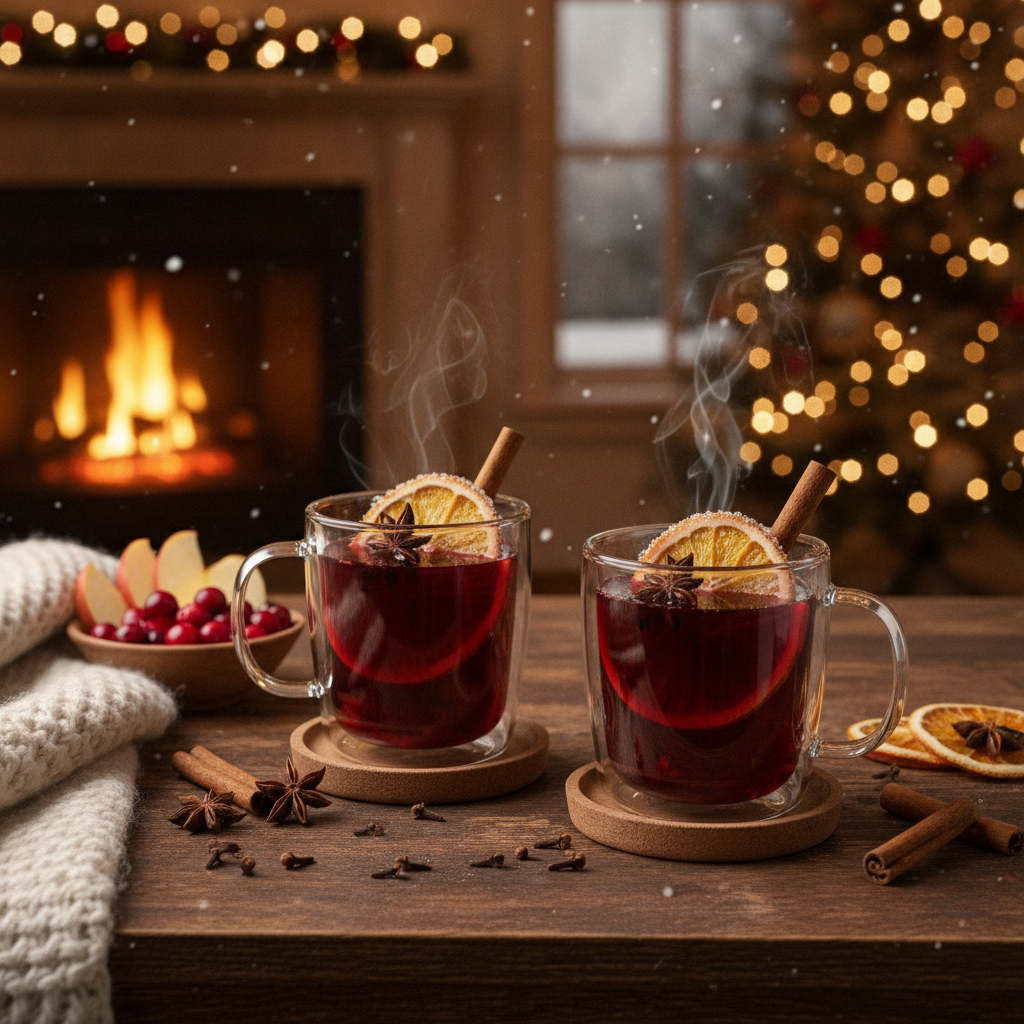 Mesa posta aconchegante com vinho quente em canecas fumegantes, decorado com especiarias e frutas secas, em um ambiente de inverno e festa.