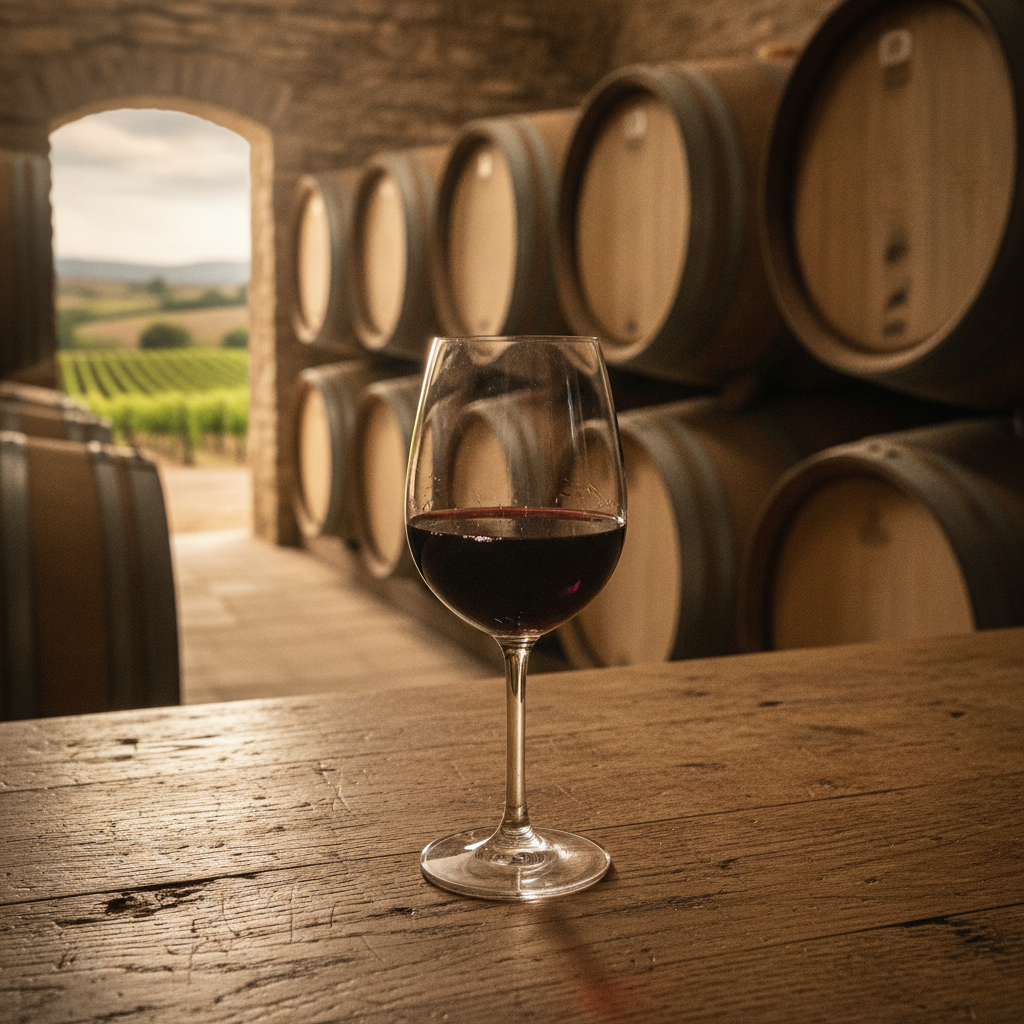 Taça de vinho tinto em uma mesa de madeira, com barris de carvalho e um vinhedo ao fundo, simbolizando a arte da degustação.
