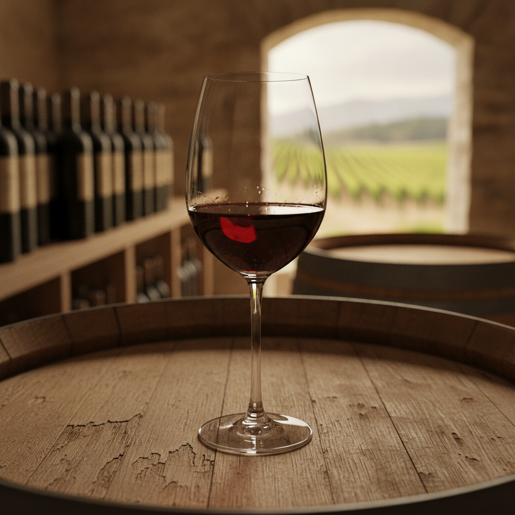 Taça de vinho tinto seco sobre um barril de carvalho em uma adega rústica, com iluminação suave destacando a cor do vinho.