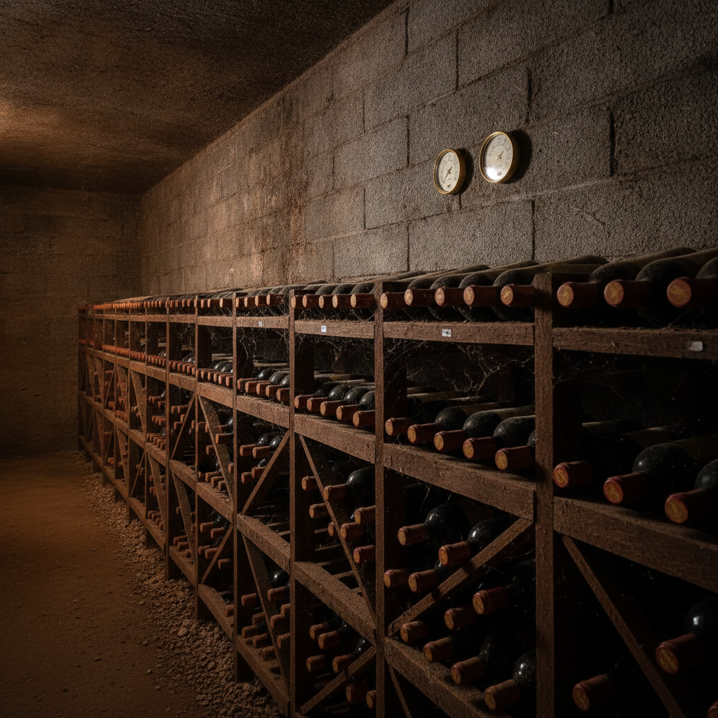Garrafas de vinho tinto seco armazenadas horizontalmente em prateleiras de madeira dentro de uma adega escura e fresca, com termômetro e higrômetro visíveis, simbolizando as condições ideais de conservação.