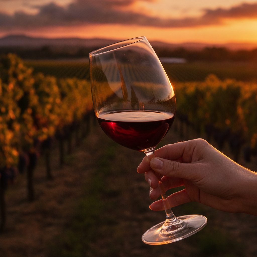 Mão girando uma taça de vinho tinto com um vinhedo ensolarado ao fundo.