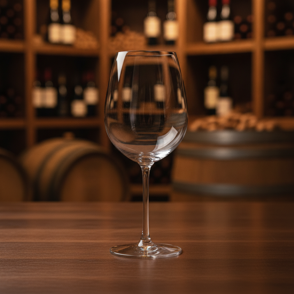 Taça de vinho tinto vazia e impecável sobre uma superfície de madeira escura em uma adega aconchegante.