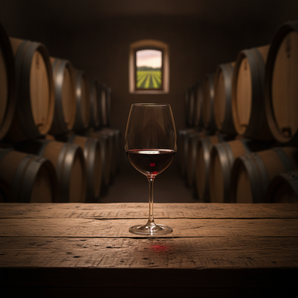 Taça de vinho tinto em uma adega rústica com barris de carvalho ao fundo, simbolizando a tradição e o prazer de um bom vinho.