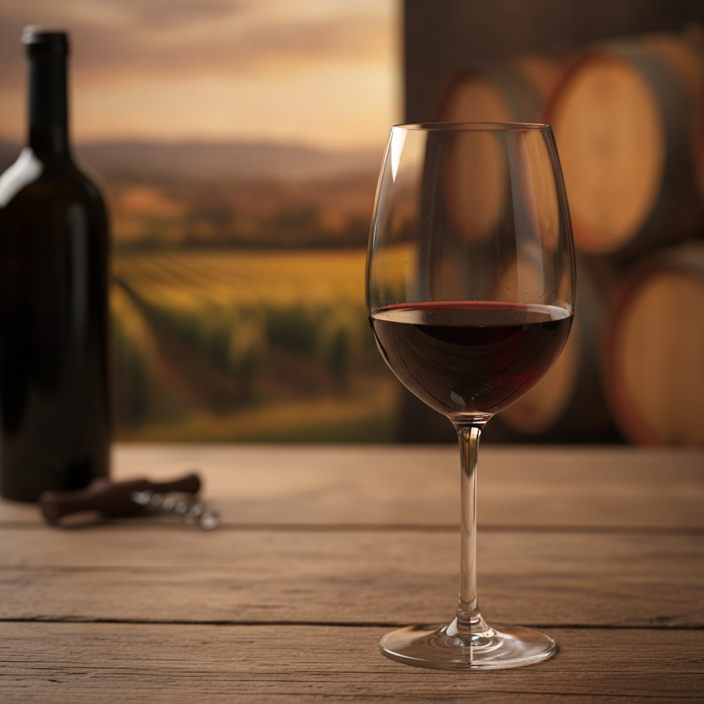 Taça de vinho tinto em primeiro plano, com garrafa e ambiente de adega ou vinhedo desfocado ao fundo, transmitindo elegância e degustação.