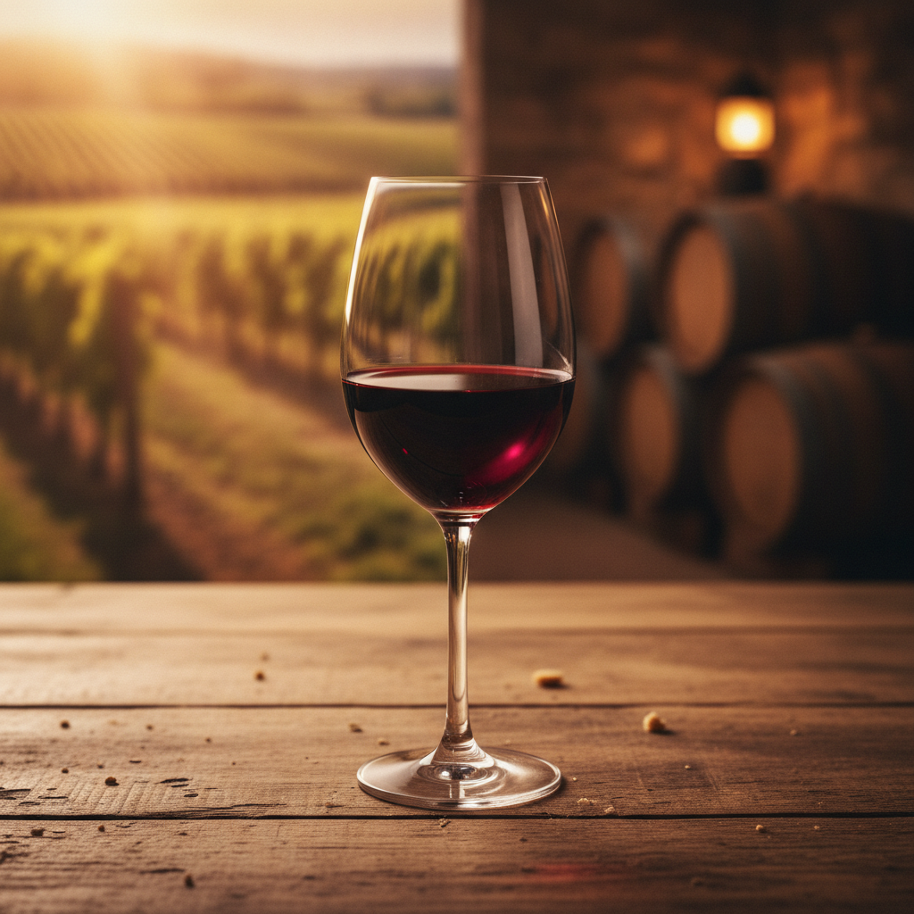 Taça elegante de vinho tinto suave sobre uma mesa rústica de madeira, com um fundo desfocado de vinhedo ensolarado ou adega aconchegante, transmitindo uma atmosfera convidativa.
