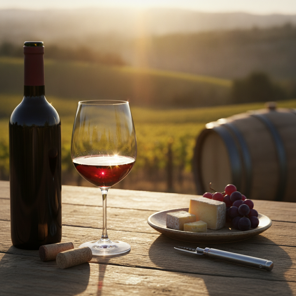 Taça de vinho tinto sobre mesa rústica com vinhedo ao fundo, simbolizando a harmonização perfeita.