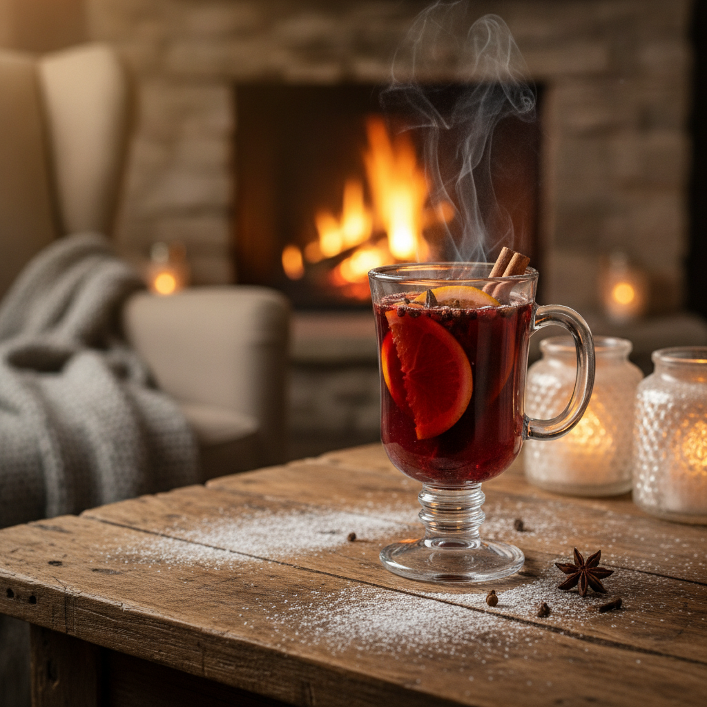 Taça de vinho quente fumegante sobre uma mesa de madeira rústica, com iluminação quente e acolhedora ao fundo, sugerindo um ambiente de inverno aconchegante.