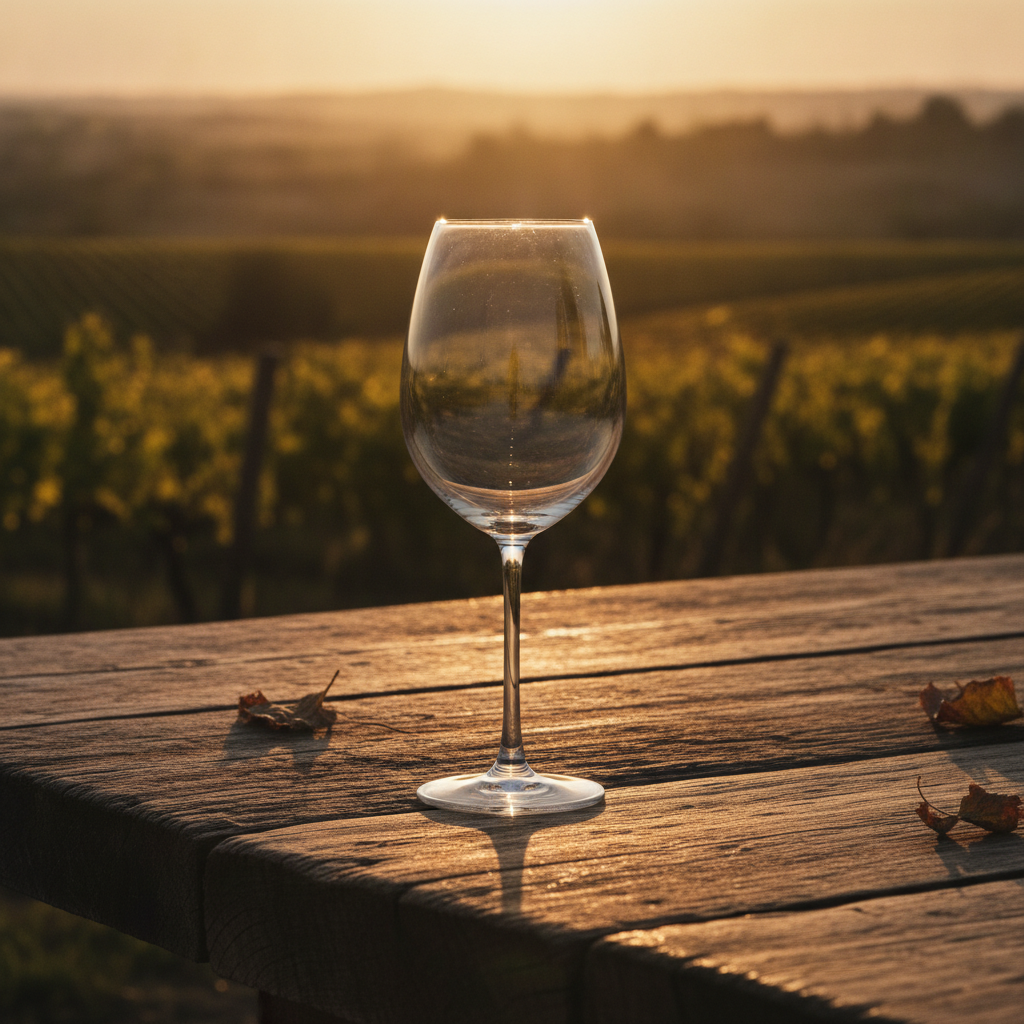 Taça de vinho vazia sobre mesa de madeira rústica, com vinhedo iluminado pelo sol ao fundo, convidando à degustação.