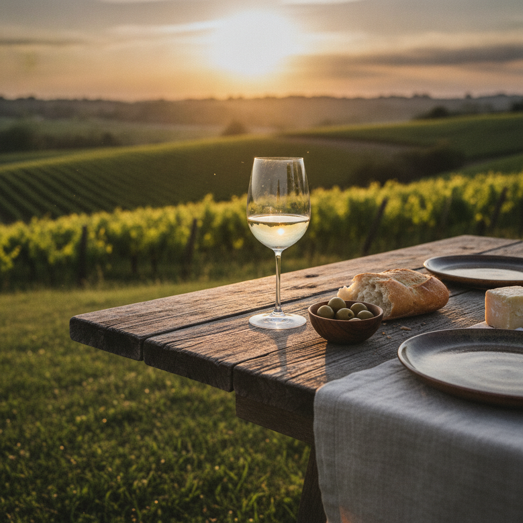 Taça de vinho suave em mesa rústica com vinhedo ao pôr do sol, sugerindo harmonização gastronômica.