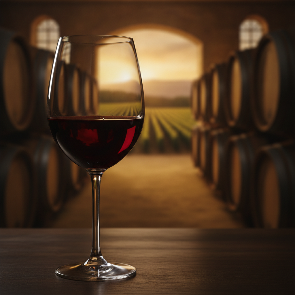 Taça de vinho tinto suave em um ambiente aconchegante, com reflexos suaves de uma adega rústica com barris de carvalho ou um vinhedo ao entardecer no fundo.
