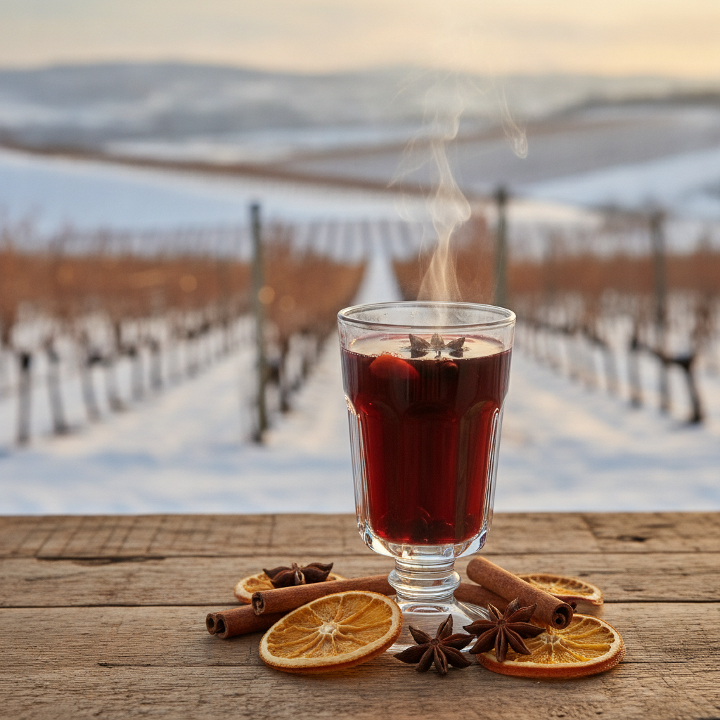 Taça de vinho quente fumegante em mesa rústica com especiarias, ao fundo vinhedo coberto de neve sob luz dourada de inverno.