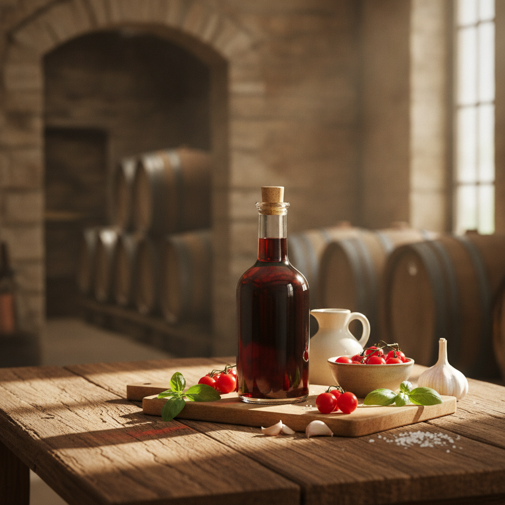 Garrafa vintage de vinagre de vinho tinto em mesa rústica com tomates e manjericão, com barris de vinho antigos ao fundo, simbolizando sua rica história culinária.