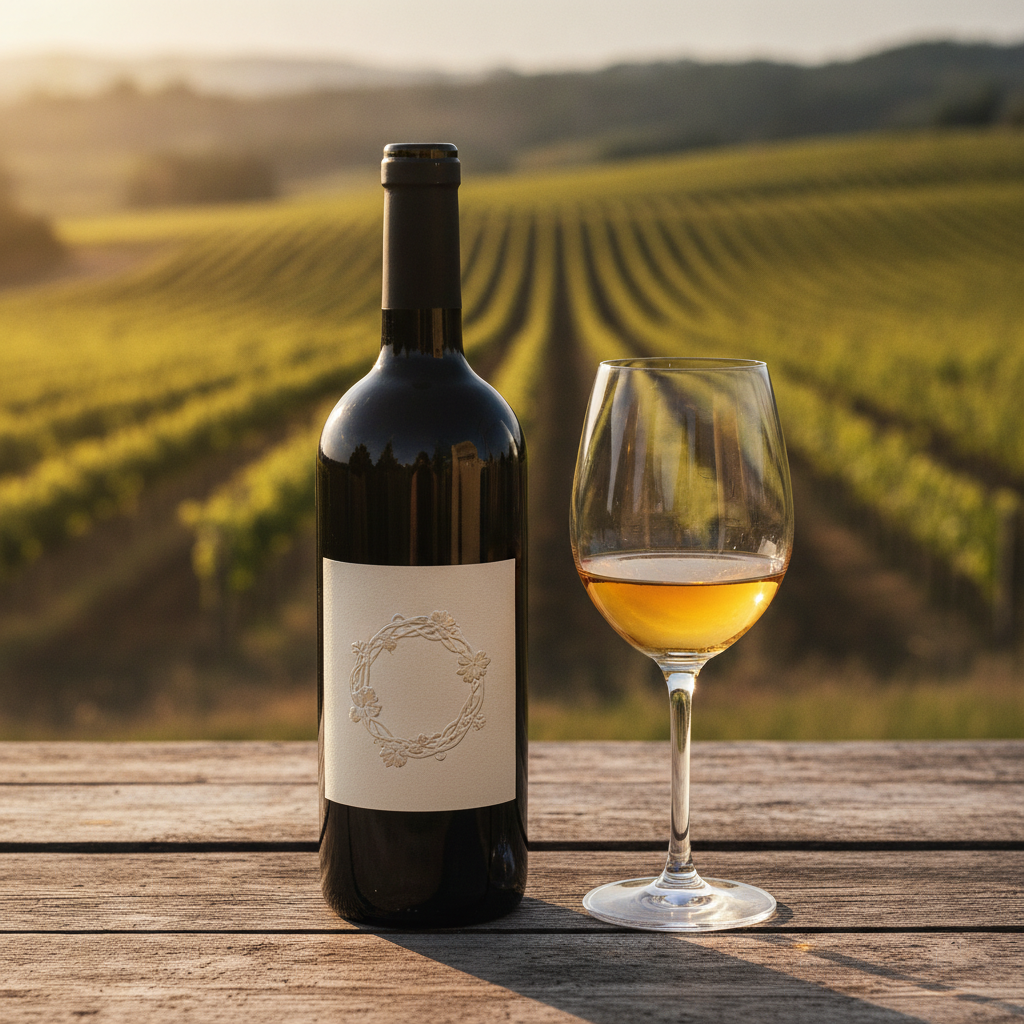 Garrafa de vinho com rótulo detalhado e taça de vinho em mesa de madeira, com vinhedo ensolarado ao fundo, sugerindo a escolha consciente de um bom vinho seco.