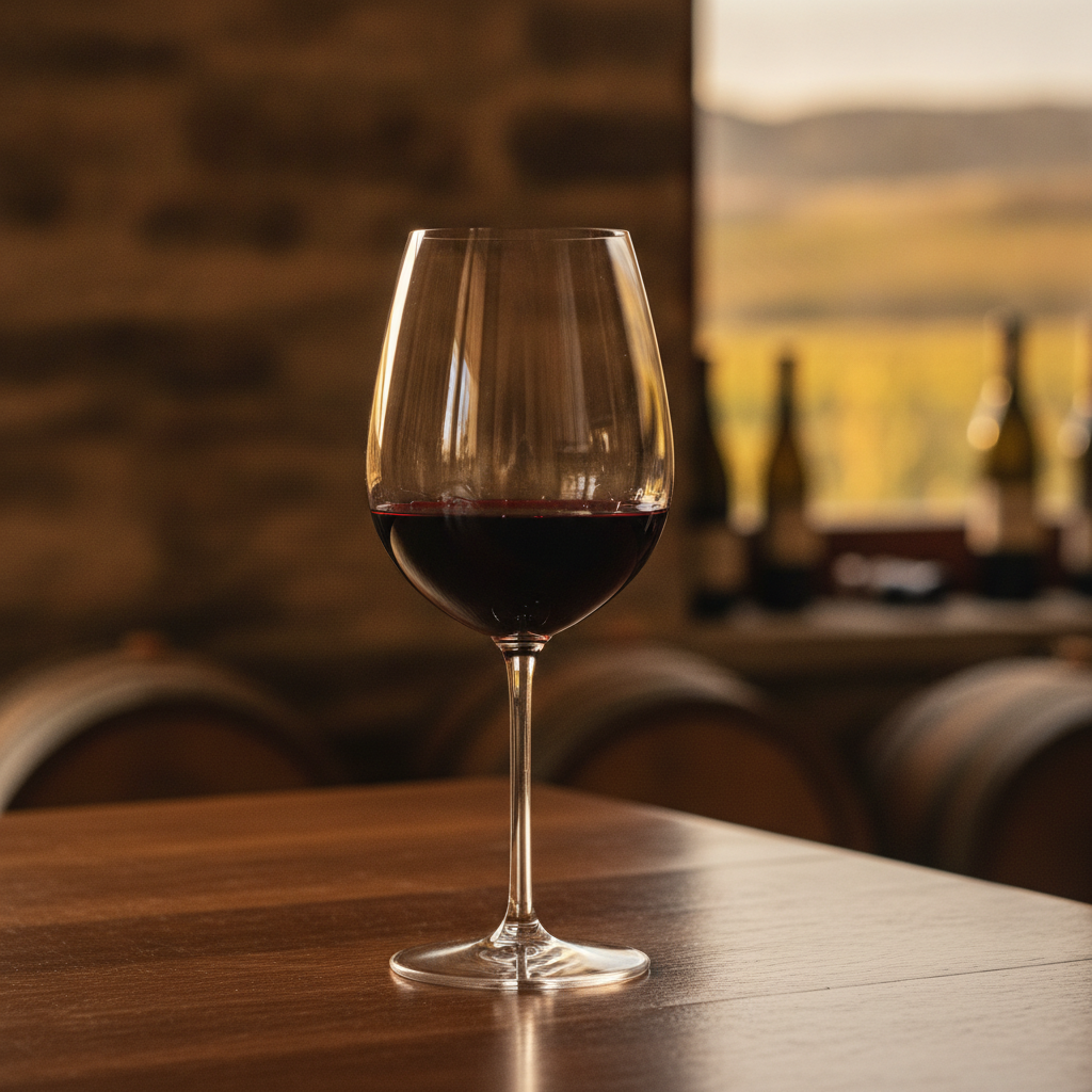 Taça de vinho tinto elegante sobre mesa de madeira, com adega ou vinhedo desfocado ao fundo, transmitindo ambiente sofisticado e acolhedor.