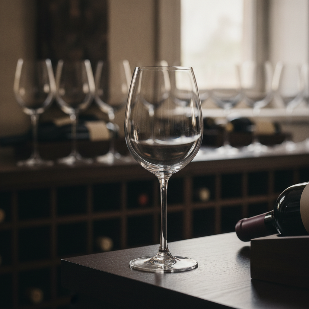 Taça de vinho branco perfeitamente limpa e polida, pronta para uso, armazenada em uma adega elegante.