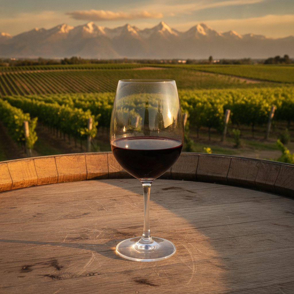 Taça de vinho Malbec em primeiro plano, com vinhedos da Argentina e montanhas dos Andes ao entardecer