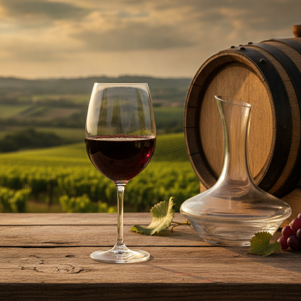 Taça de vinho tinto suave sobre mesa de madeira, com vinhedo e barril ao fundo, evocando um ambiente acolhedor e relaxante.
